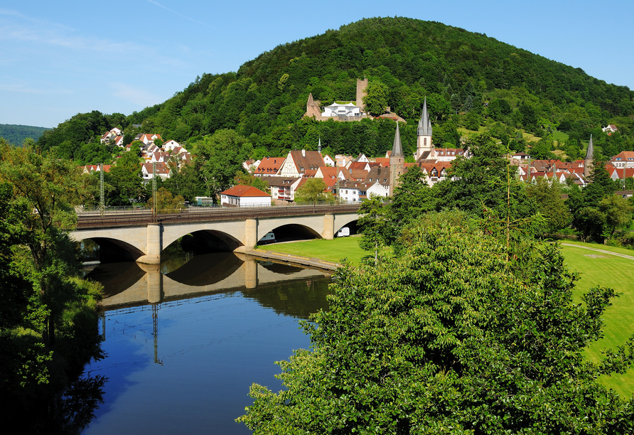 Gemünden am Main, Blick auf die Altstadt mit Fränkischer Saale