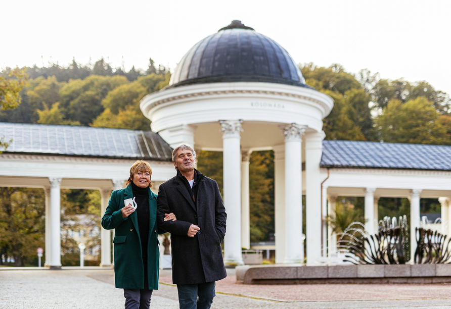 Gehen Sie mit Ihrem Kurbecher durch die Stadt und besichtigen Sie die Kolonnaden und Heilquellen in Marienbad.