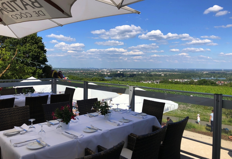 Genießen Sie einen spektakulären Ausblick von der Panorama-Terrasse des Hofguts Laubenheimer Höhe.