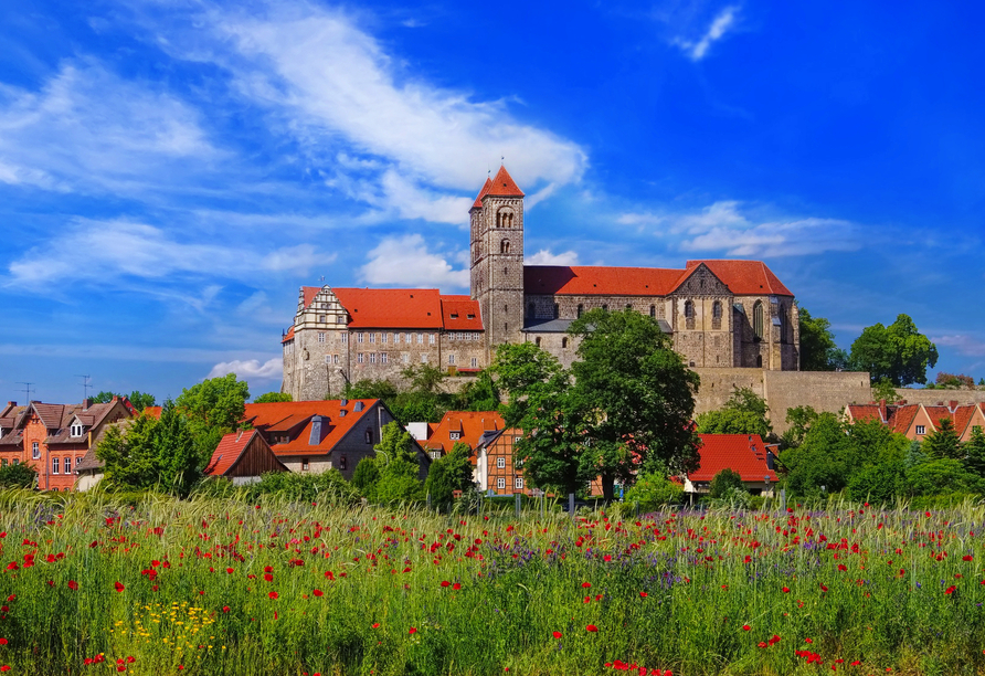 Schon von Ferne grüßt Sie der Schlossberg mit dem Renaissanceschloss und der Stiftskirche in Quedlinburg.