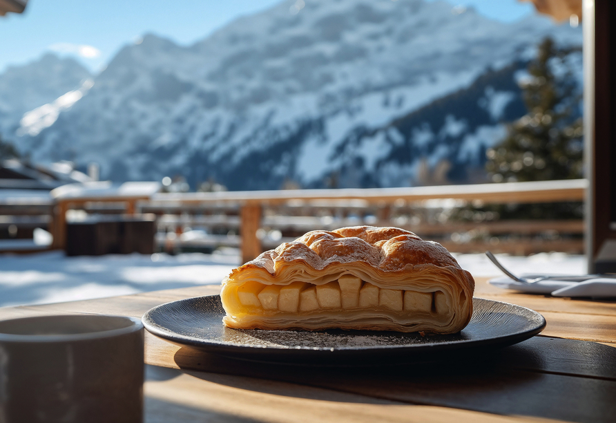 Apfelstrudelgenuss mit Aussicht: Der perfekte Begleiter für eine gemütliche Auszeit in den Alpen.