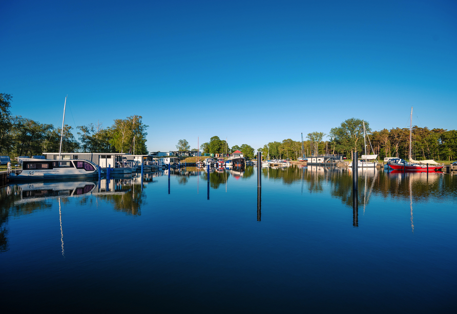 Idyllischer Blick auf den Hafen am Jasmunder Bodden – ein perfekter Ort zum Verweilen und Genießen.