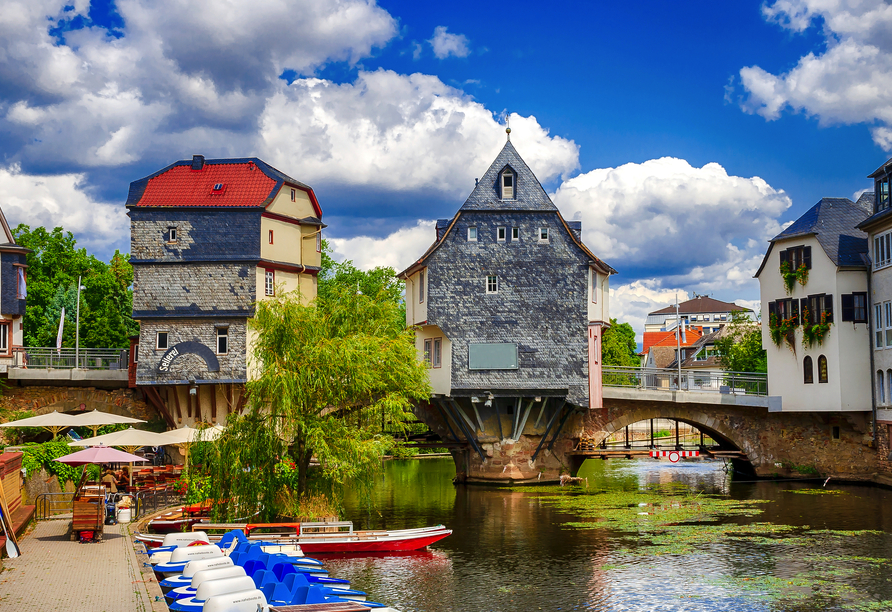 Die Brückenhäuser auf der Alten Nahebrücke von Bad Kreuznach bieten ein tolles Fotomotiv.